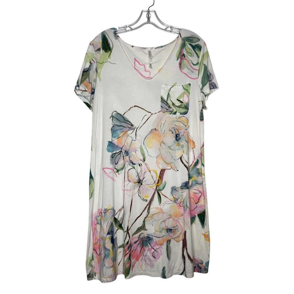 Soma Cool Nights Nightgown Floral Print Sleepshirt Short Sleeve Pocket Small